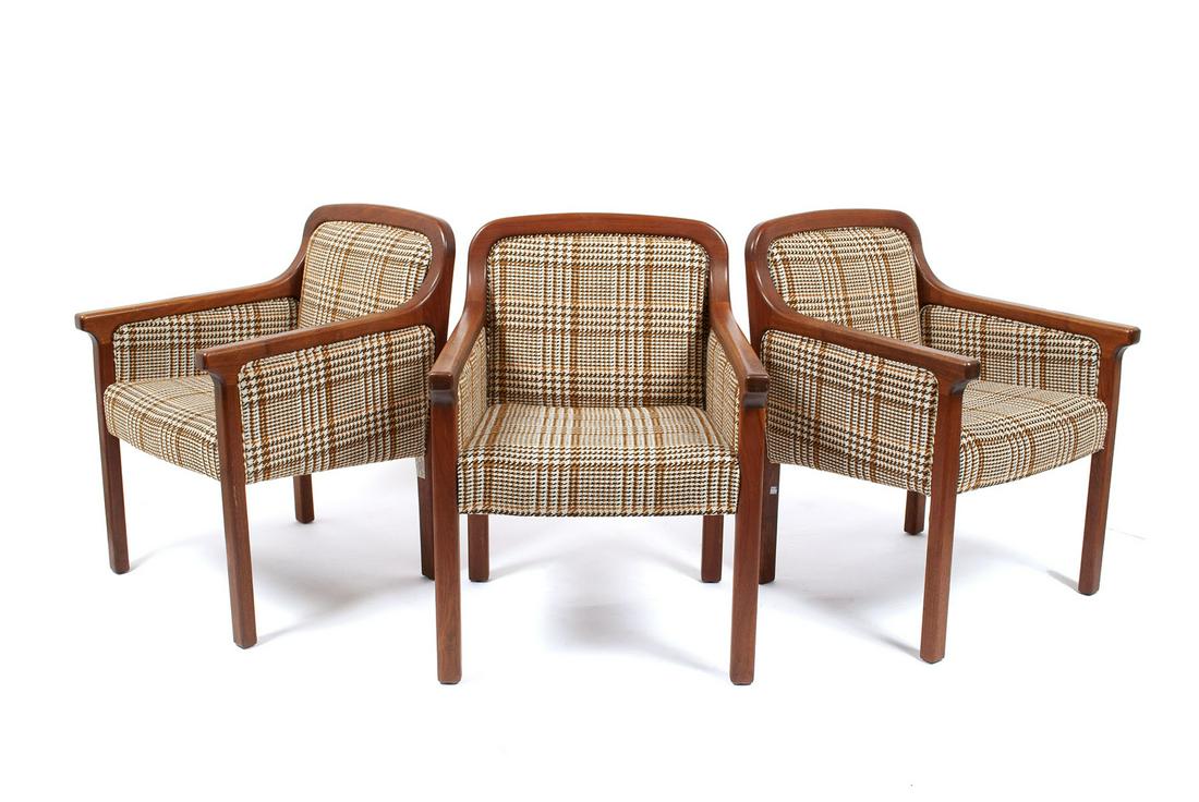 THREE MID CENTURY BROWN HOUNDSTOOTH ARMCHAIRS (1 of 5)