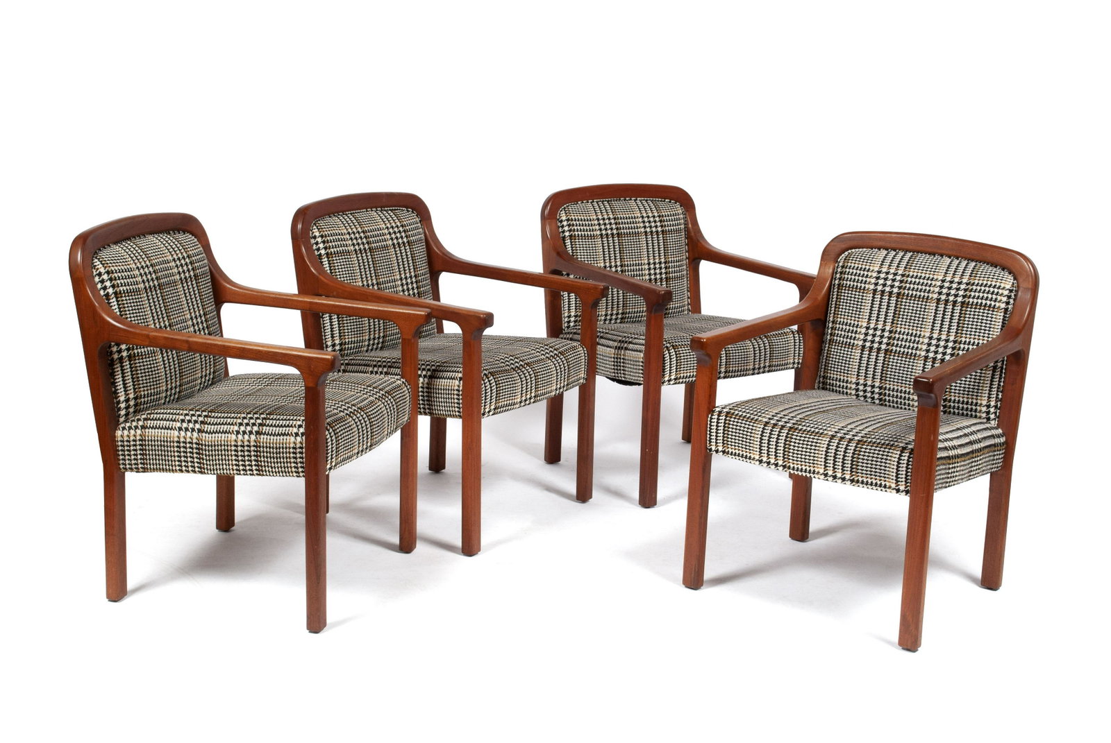 SET OF FOUR MID CENTURY BLACK HOUNDSTOOTH ARMCHAIRS: SET OF FOUR MID CENTURY BLACK HOUNDSTOOTH ARMCHAIRS American, mid 20th century, oak. Provenance: Collection of the Scottish Rite Valley of Southern Illinois 1971; to benefit Scottish Rite Charities. 3