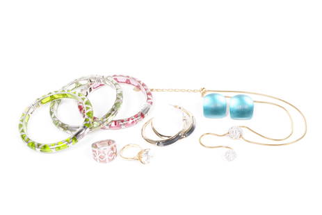 DESIGNER FASHION JEWELRY GROUP: DESIGNER FASHION JEWELRY GROUPIncluding three (3) sterling and resin colored bangles and ring (size 6) by Angelique de Paris, two (2) pairs of Alexis Bittar lucite earrings; one Swarovski pave