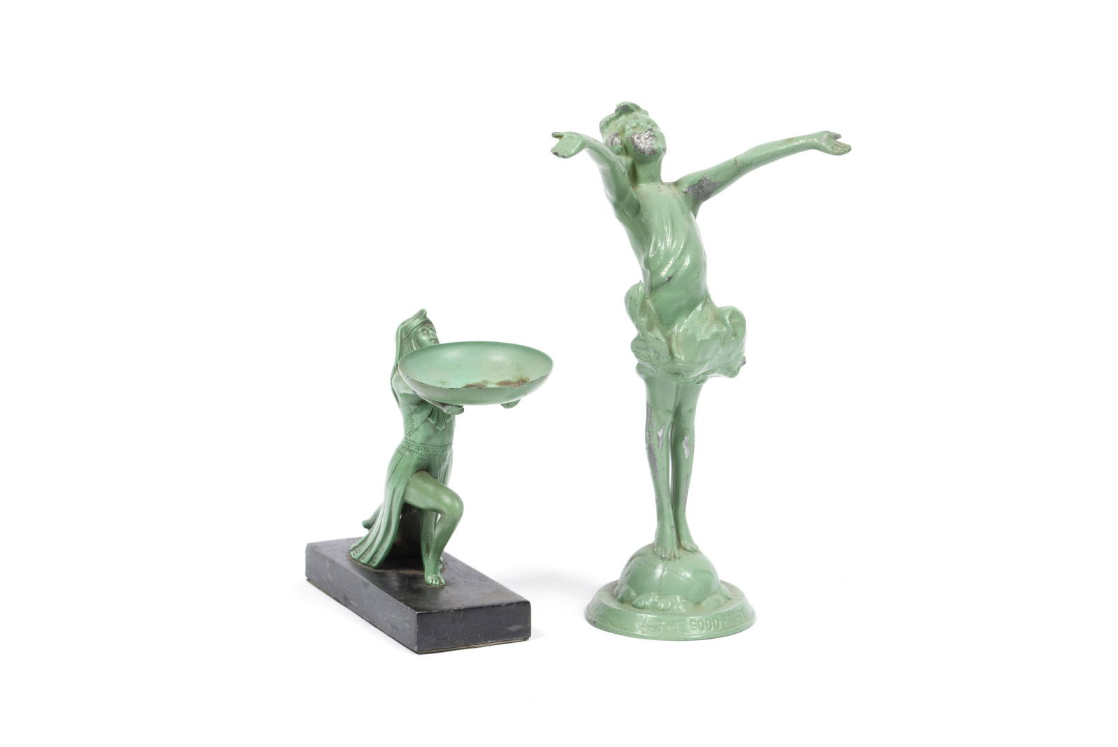 TWO ART DECO GREEN PAINTED METAL FIGURINES (1 of 5)
