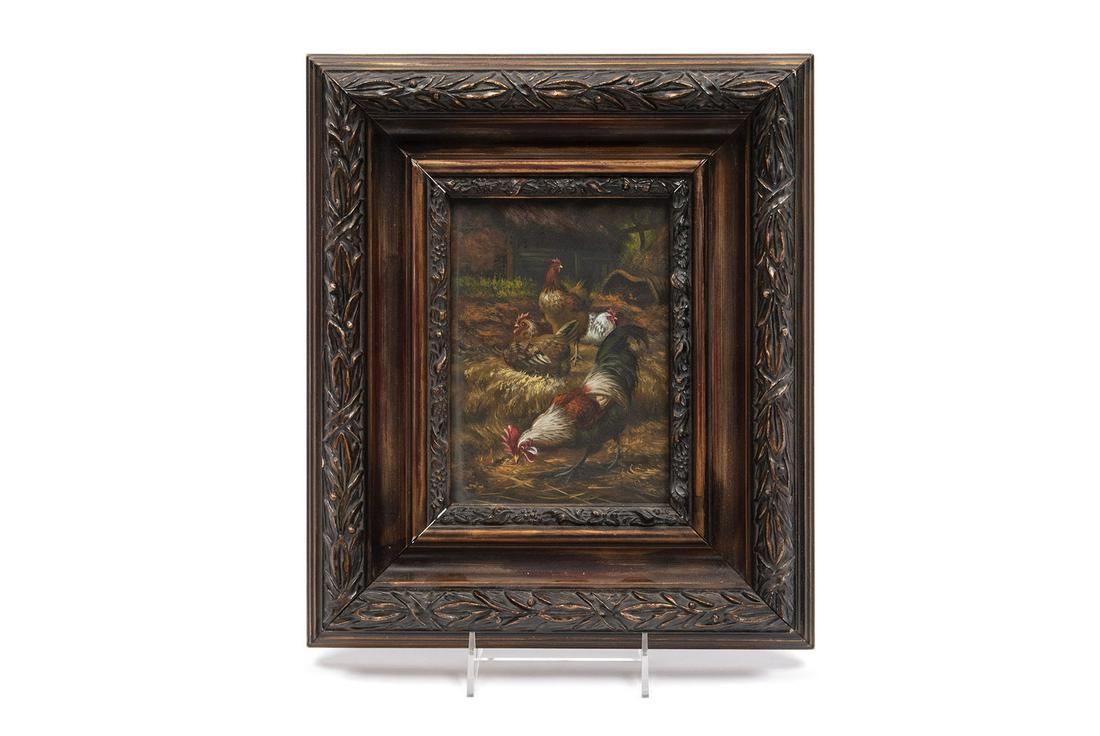 AFTER EDGAR HUNT (ENGLISH, 1876-1955): AFTER EDGAR HUNT (ENGLISH, 1876-1955)Oil on tin, "signed" lower right. Vertical barnyard scene of roosters and hens idle in loose hay. Bronzed wood frame with foliate relief pattern. Frame 13" height,
