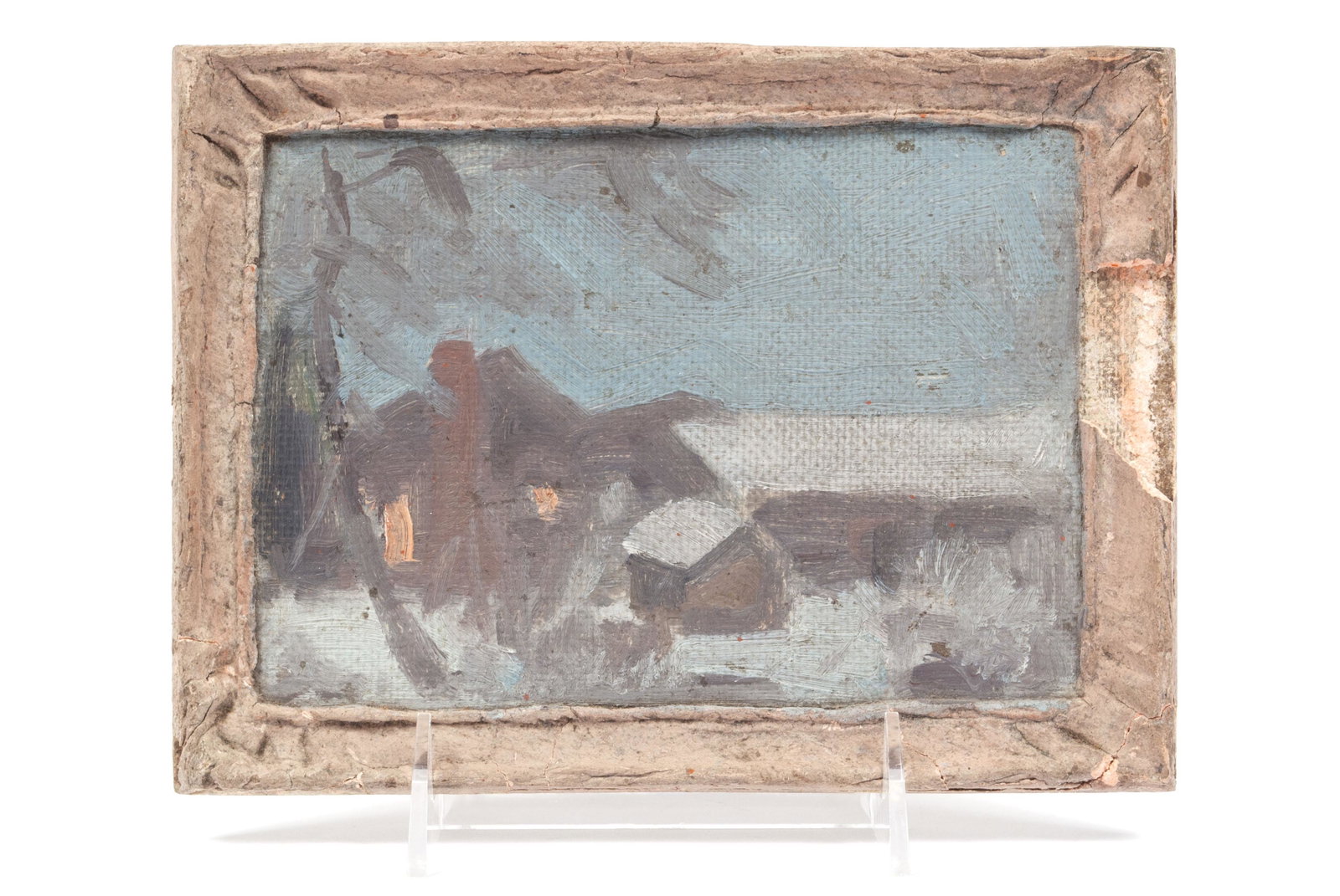 PAUL TURNER SARGENT (AMERICAN, 1880-1946): PAUL TURNER SARGENT (AMERICAN, 1880-1946) Grandfather's Homestead Oil on board, dated 1928, signed and titled to verso. Dusky, winter scene of a small house with lit windows. Gesso frame. 6" height, 8