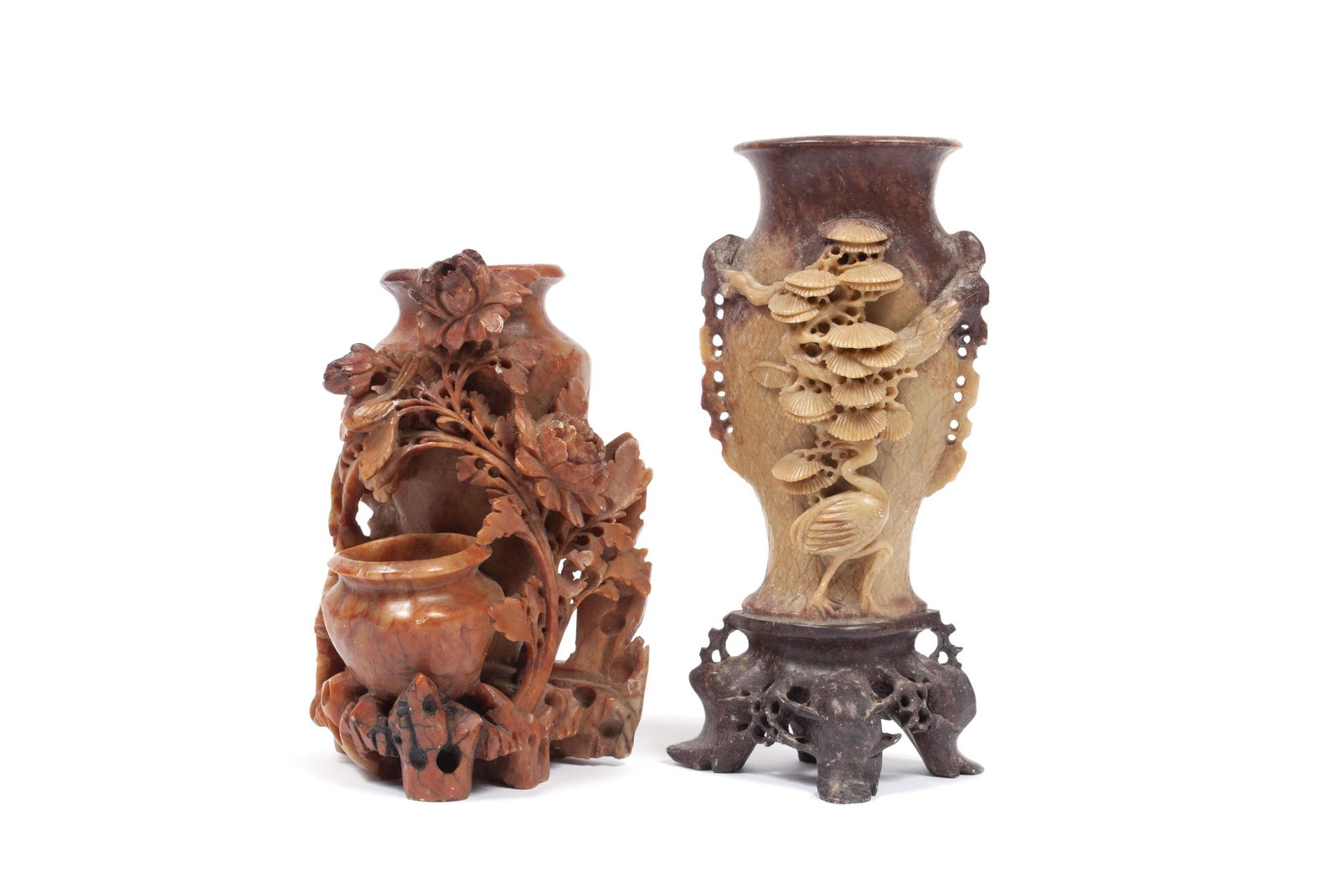 TWO SOAPSTONE CARVED BUD VASES (1 of 5)