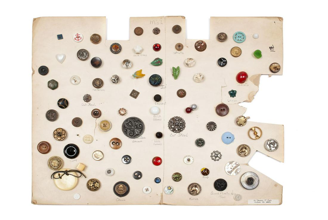 CARD OF UNIQUE VINTAGE AND ANTIQUE RARE COLLECTOR: CARD OF UNIQUE VINTAGE AND ANTIQUE RARE COLLECTOR BUTTONSApproximately seven dozen (84) wood, horn, Napoleon, milk glass, pictorial, pierced, formed, steel cut, celluloid, rare and exquisite organic m