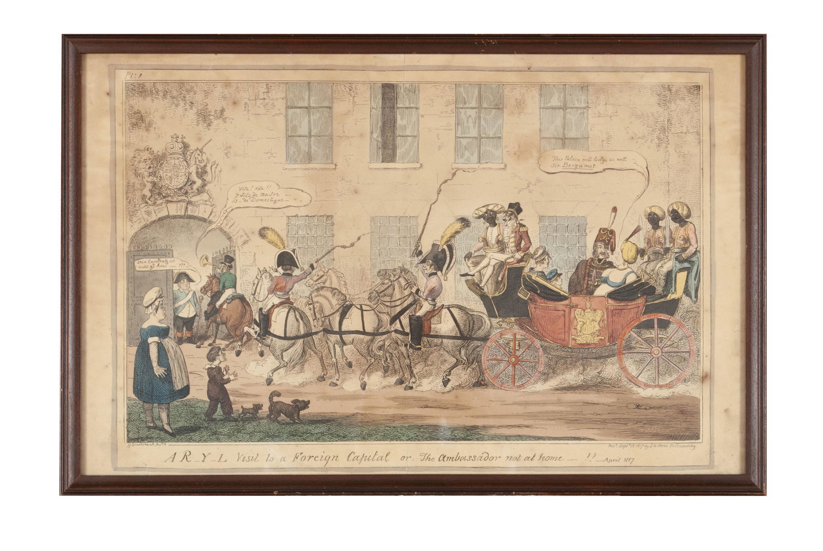 GEORGE CRUIKSHANK EARLY ENGLISH POLITICAL CARTOON: GEORGE CRUIKSHANK EARLY ENGLISH POLITICAL CARTOONAR_Y_L Visit to a Foreign Capital or The Ambassador not at home..!! - April 1817Plate 1, illustrated by George Cruikshank; notation to lower edge, publ