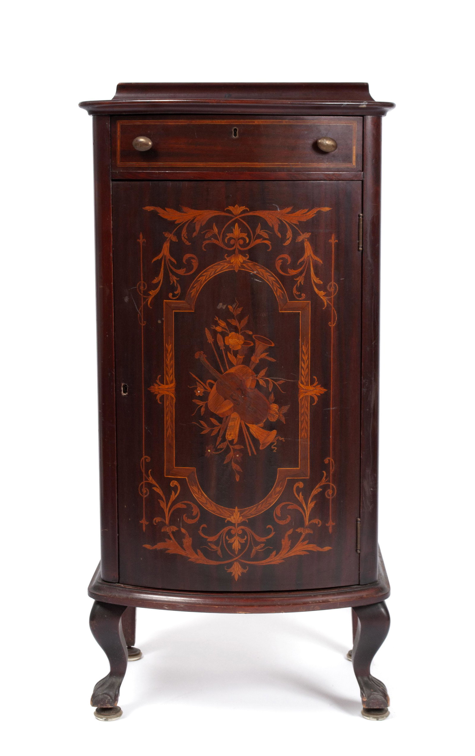 MARQUETRY MUSIC CABINET: MARQUETRY MUSIC CABINET American, early 20th century, mahogany. Fruitwood inlay cartouche and center medallion of musical instruments. 43" height, 20.5" width 17" depth