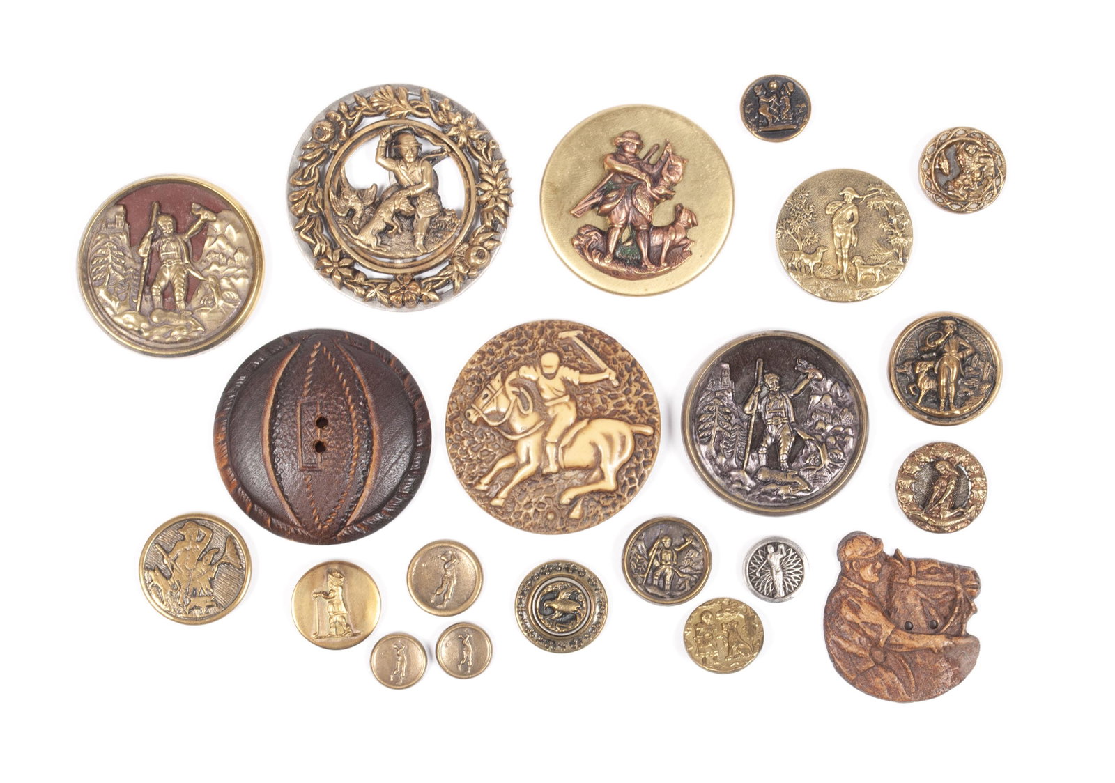 COLLECTION OF DIVISION I AND III HUNTING AND SPORTING: COLLECTION OF DIVISION I AND III HUNTING AND SPORTING BUTTONS Rare gazing ball, polo celluloid, burlwood football, rare burlwood horse and jockey, golf, fox hunting and more. Twenty-one (21) total.