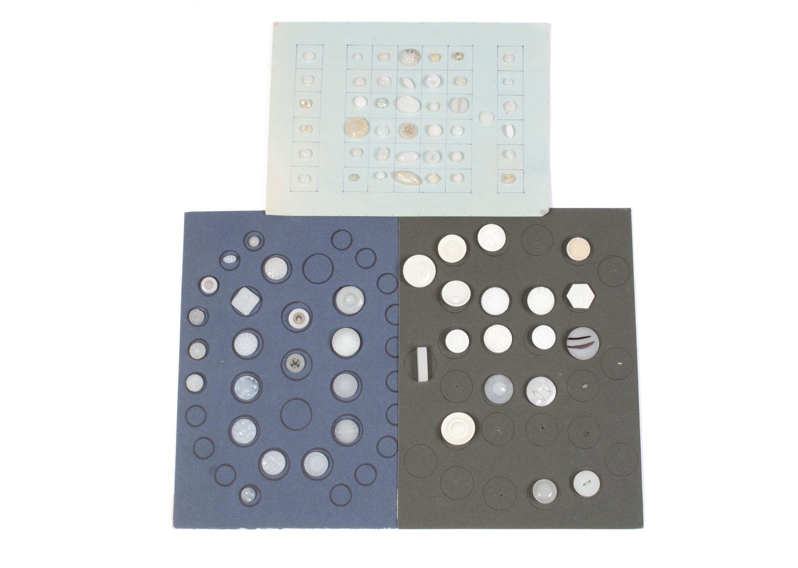 THREE COLLECTOR CARDS OF DIVISION III TRANSLUCENT WHITE: THREE COLLECTOR CARDS OF DIVISION III TRANSLUCENT WHITE AND MILKGLASS BUTTONS Eighty-one (81) total on clean vintage cards; small, medium, large, square, and hexagon examples.