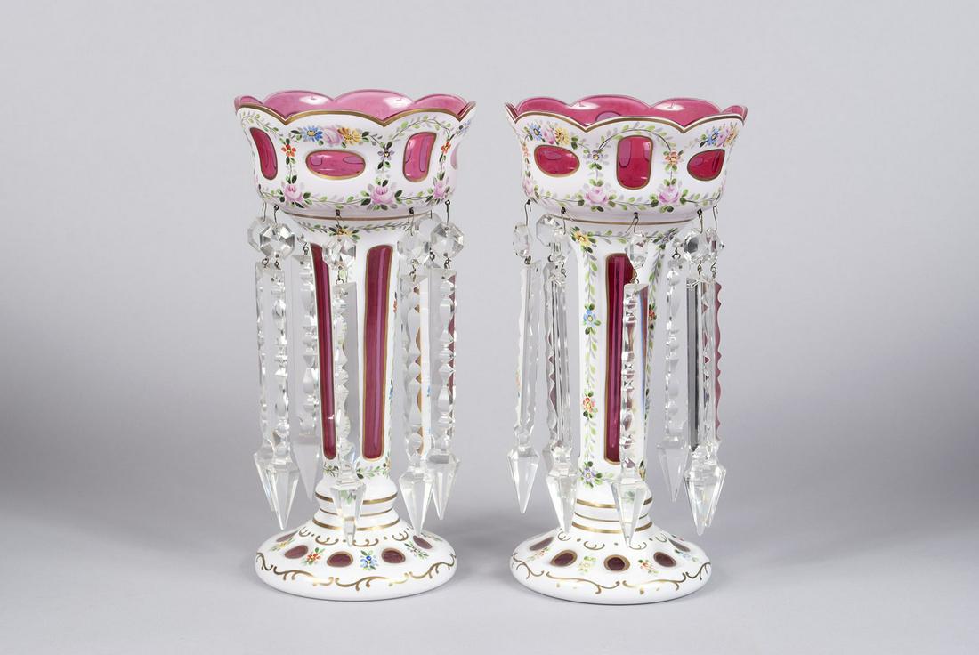 PAIR OF BOHEMIAN ENAMELED OVERLAY GLASS LUSTERS (1 of 5)