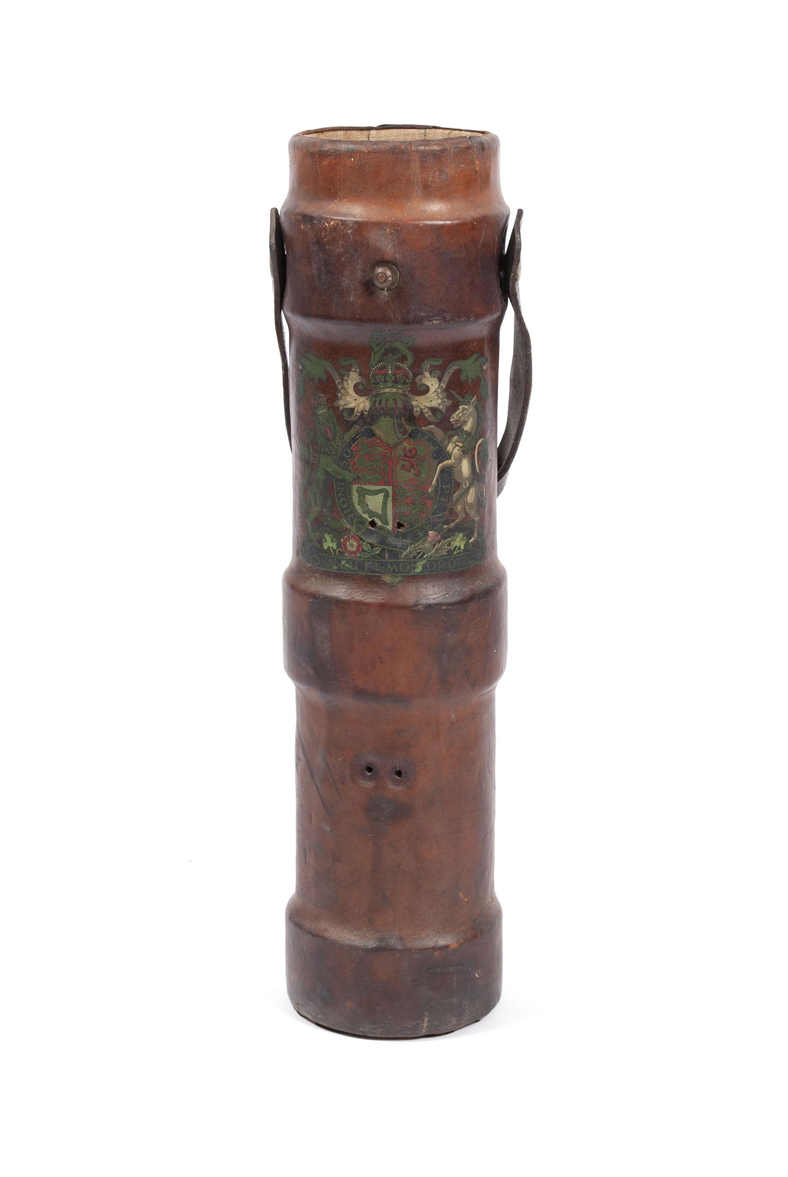 ENGLISH LEATHER ARTILLERY SHELL CARRIER: ENGLISH LEATHER ARTILLERY SHELL CARRIEREarly 20th century, molded leather shell case having the shield version of the Royal Coat of Arms of the United Kingdom with three reinforced bands and strap han
