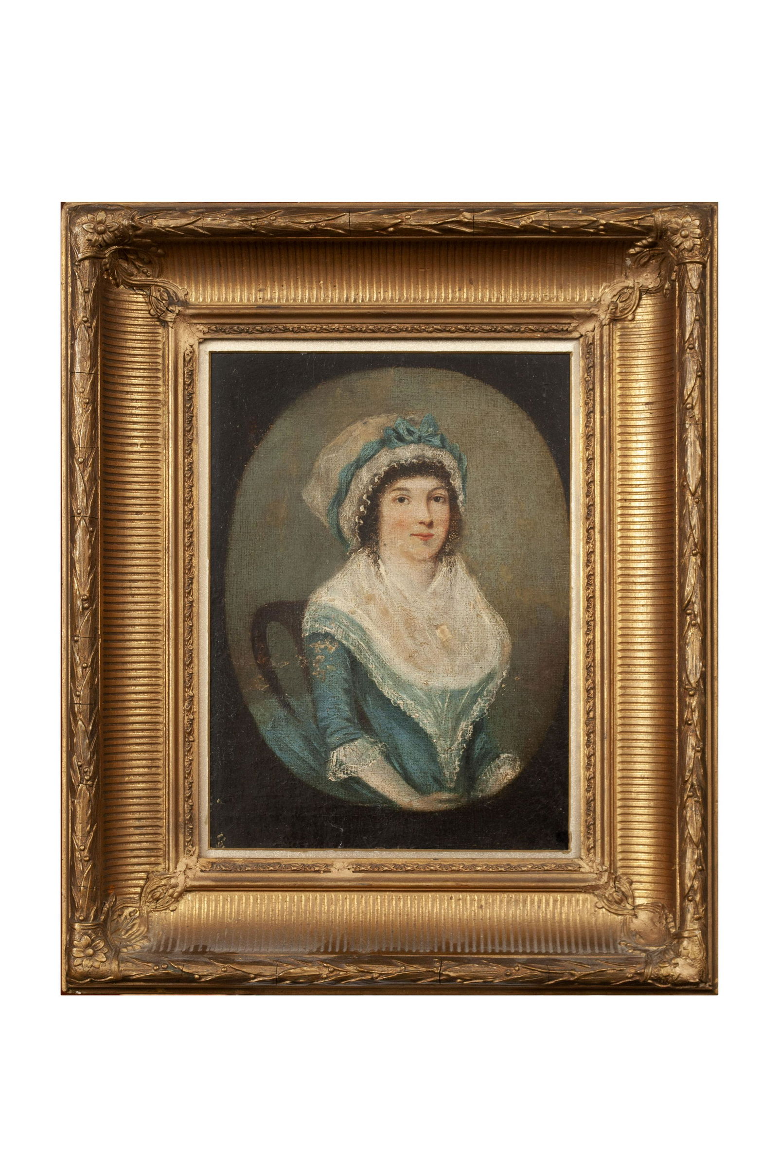 GEORGE MORLAND (ENGLISH, 1763-1804): GEORGE MORLAND (ENGLISH, 1763-1804)Oil on canvas, signed to verso. Portrait of a seated woman in blue dress, wearing a white bonnet with blue ribbon. Gilt frame with fine floral pattern. Sight: 10.75"