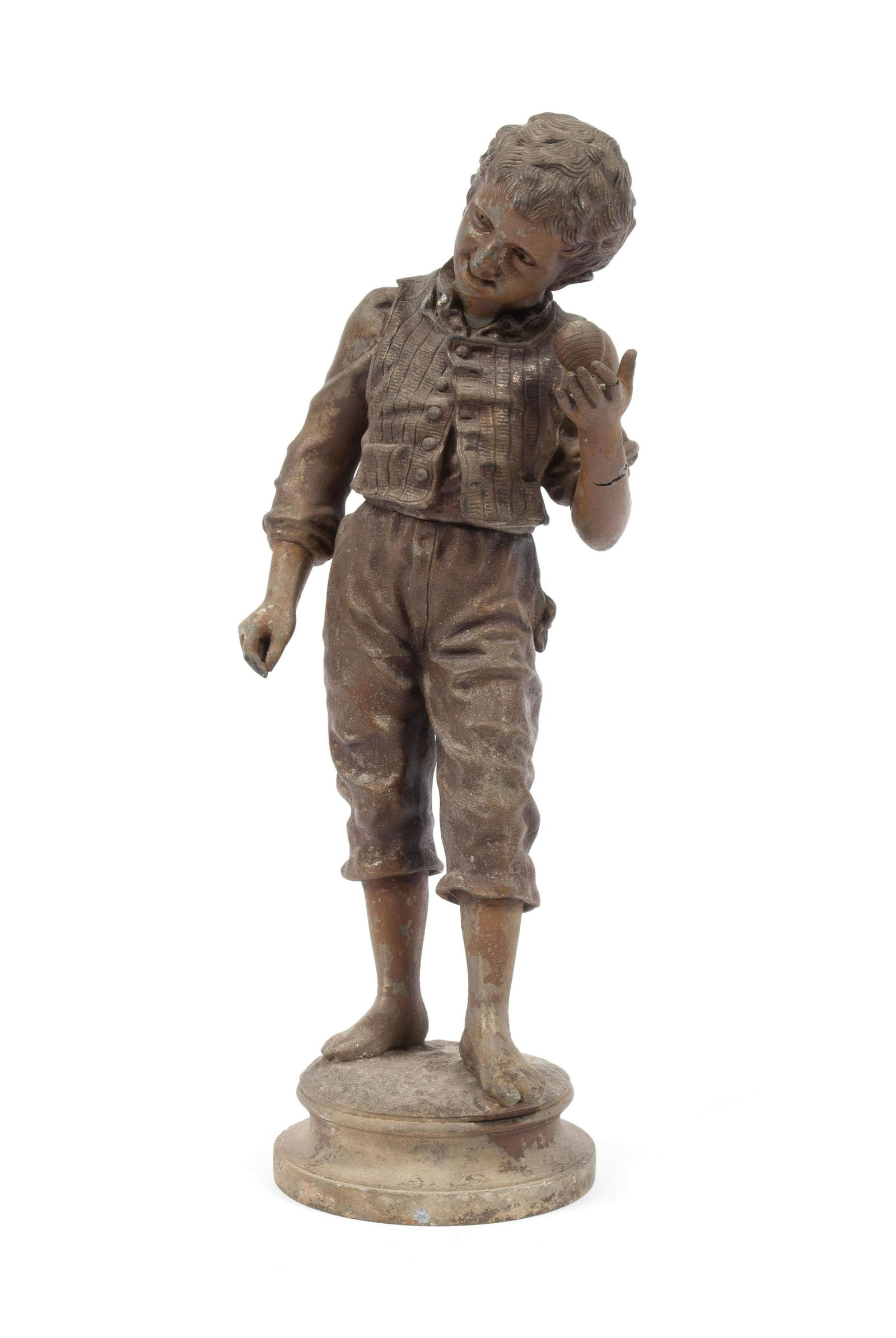 FIGURAL STATUE OF A BOY PLAYING WITH A TOY: FIGURAL STATUE OF A BOY PLAYING WITH A TOYAmerican, early 20th century, spelter. Full length image of a boy playing with a toy top in his left hand. 17.25" height