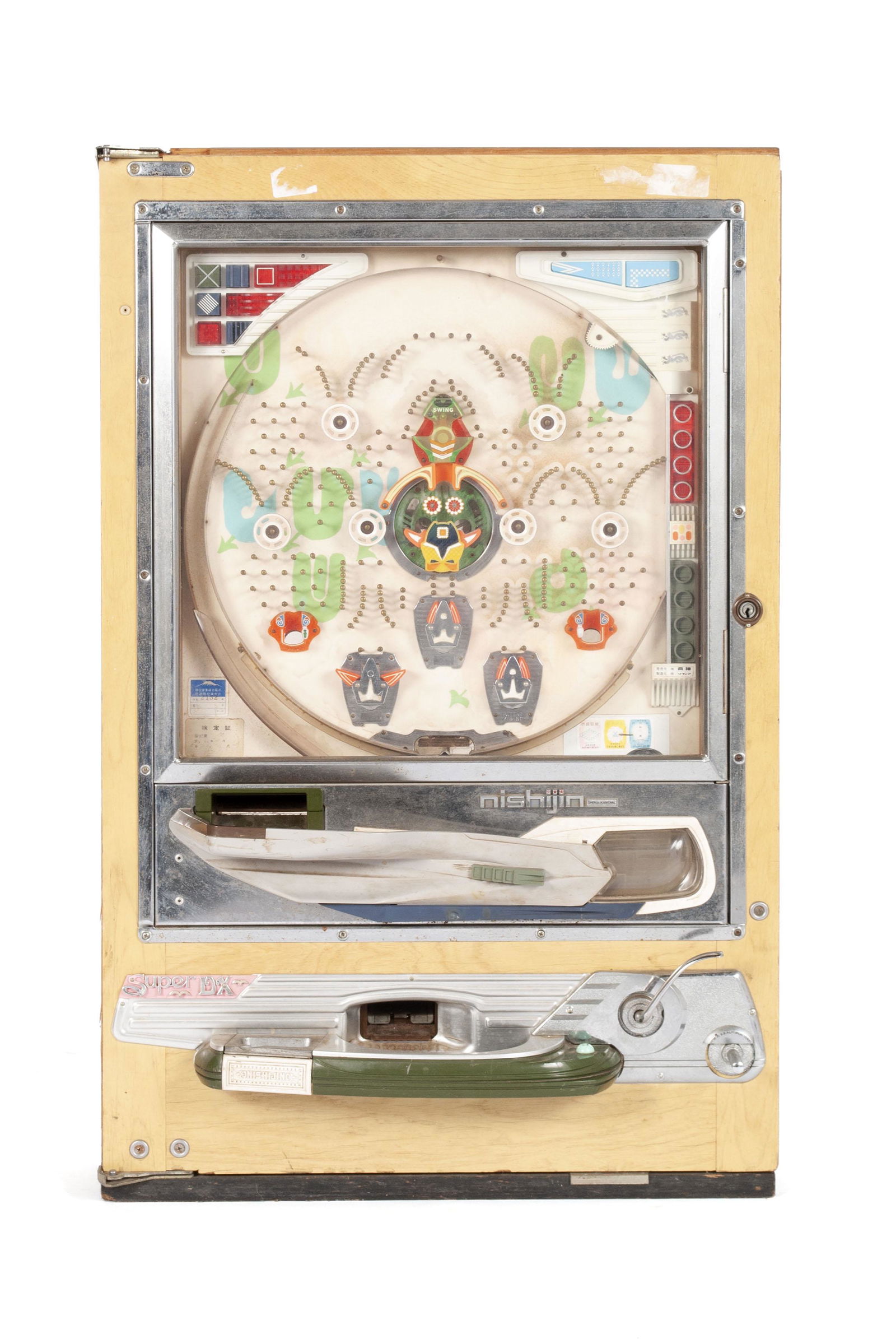 VINTAGE NISHIJING SUPER DX PACHINKO MACHINE: VINTAGE NISHIJING SUPER DX PACHINKO MACHINEJapan, early 20th century. Unrestored condition. 32" height, 20.5" width, 6" depth
