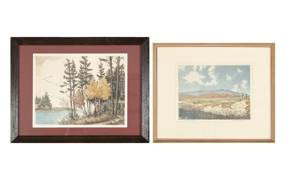 LEON RENE PESCHERET (AMERICAN, 1892-1971): PAIRING OF CONTINENTAL AQUATINTS Desert in Bloom & Fall Days Polychrome aquatints, both signed lower right and titled lower left. Tranquil, detailed landscape scenes, both matted behind glass with woo