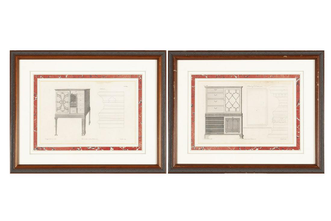 THOMAS CHIPPENDALE, 18TH CENTURY: THOMAS CHIPPENDALE, 18TH CENTURYTwo copper plate engravings from "The Gentleman & Cabinet-Maker's Director - 3rd Edition", published 1762. "No. CXIII - Chest of Drawers" and "No. CXXI" - Cabinet". Imp