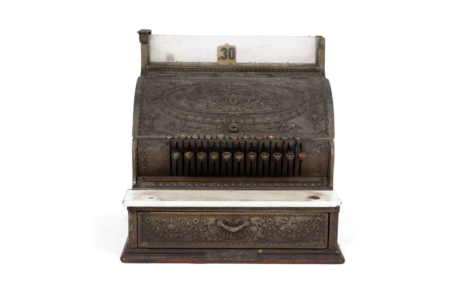 NATIONAL CASH REGISTER: NATIONAL CASH REGISTER American, early 20th century. Heavy brass Nouveau style unit with rough dark finish, missing topper. R-332 9-2376. 17" height, 17" width, 16" depth.