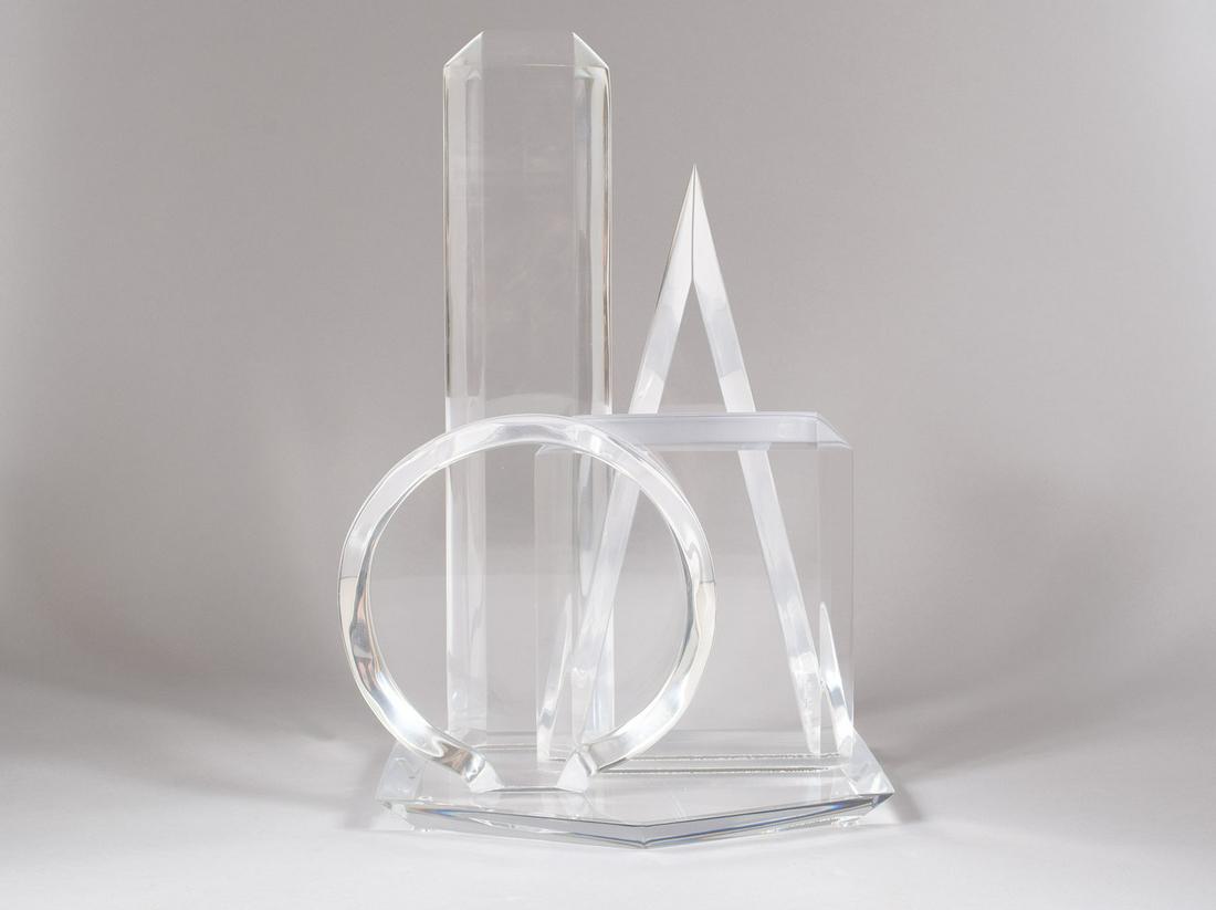 HIVO VAN TEAL (20TH CENTURY): HIVO VAN TEAL (20TH CENTURY)SkylineLucite sculpture, signed. Four geometric shapes mounted to the pentagram base. 21.5" height