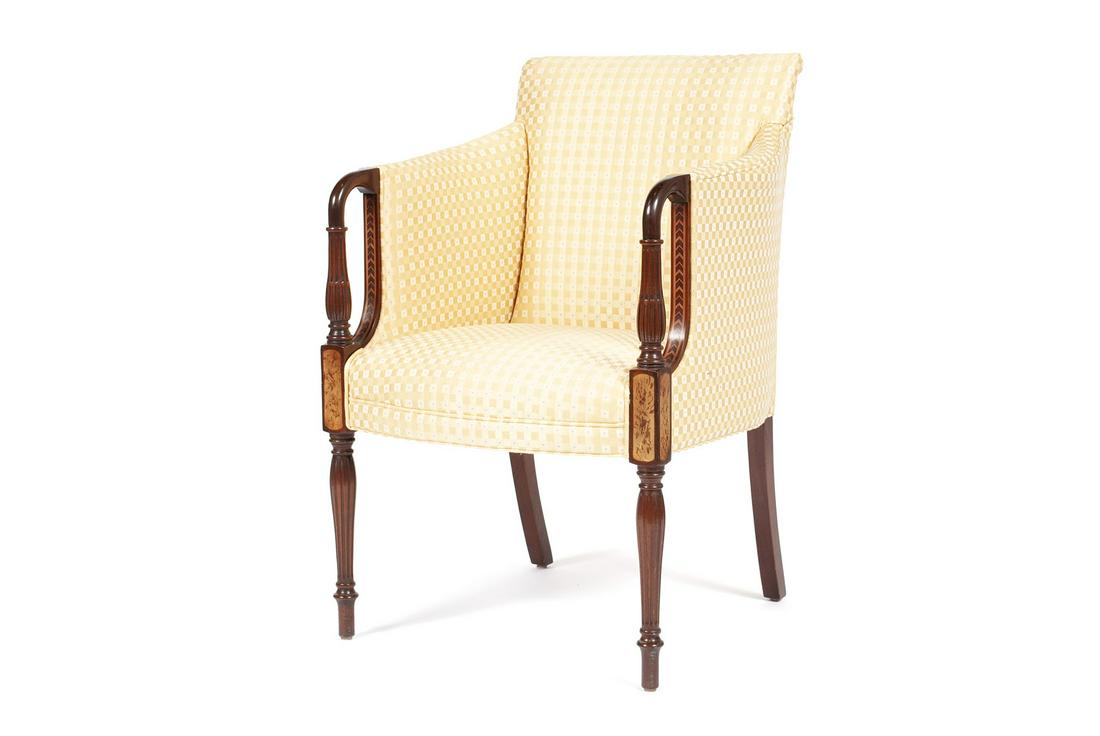 SHERATON STYLE CHAIR BY SOUTHWOOD: SHERATON STYLE CHAIR BY SOUTHWOOD American, late 20th century. All over finely upholstered with reeded arms conforming to legs, labeled. 36.5" height, 24" width, 23" depth