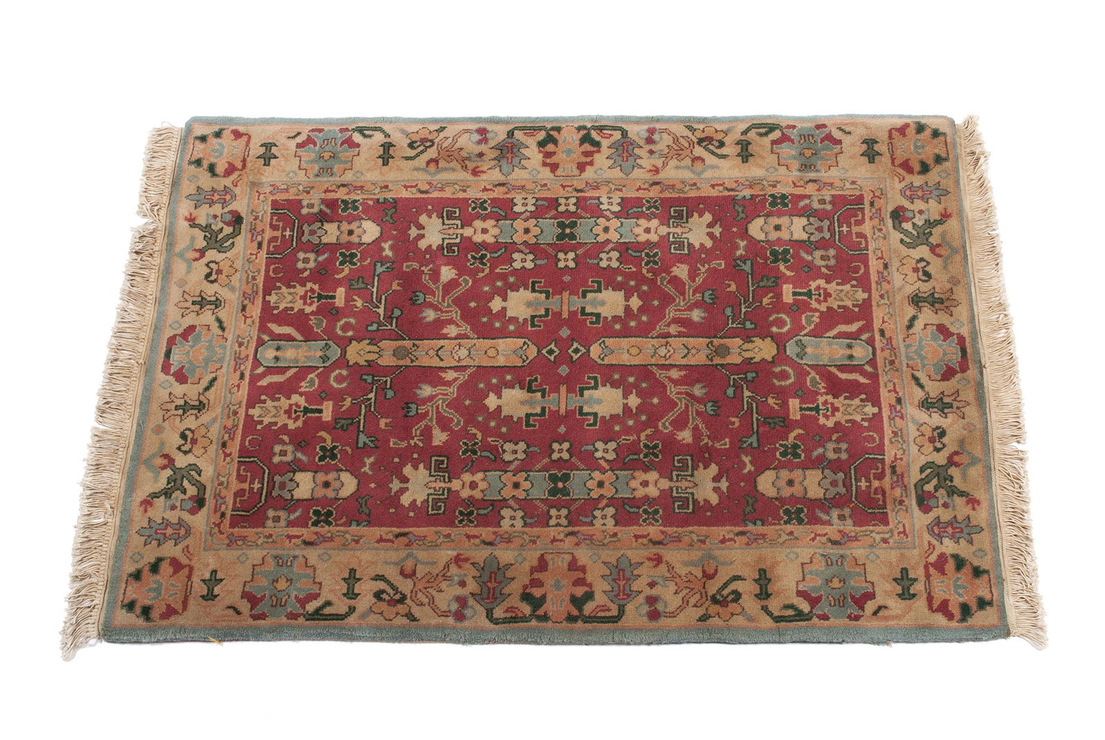 ARTS & CRAFTS DESIGN AREA RUG: ARTS & CRAFTS DESIGN AREA RUG China, 20th century. Foliate designs on the red field, beige primary border with light blue outer edges all around. 5' length, 3' 5" width