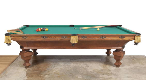 ANTIQUE BRUNSWICK O G NOVELTY POOL TABLE AND STICK RACK: ANTIQUE BRUNSWICK O G NOVELTY POOL TABLE AND STICK RACKAmerican, ca. 1900. With accessories.