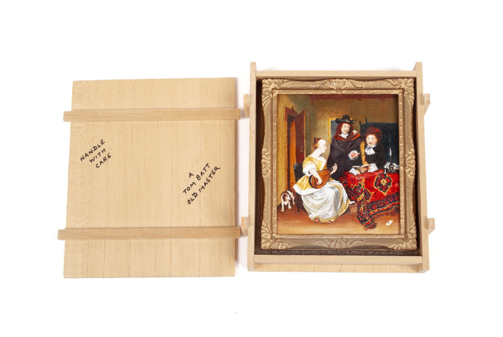 TOM BATT MINIATURE OIL PAINTING AFTER BORCH: TOM BATT MINIATURE OIL PAINTING AFTER BORCH A gilt framed, signed oil painting after Gerard ter Borch, in transportation crate with information pasted to underside of lid. Painting: 2.75" height, 2.5"