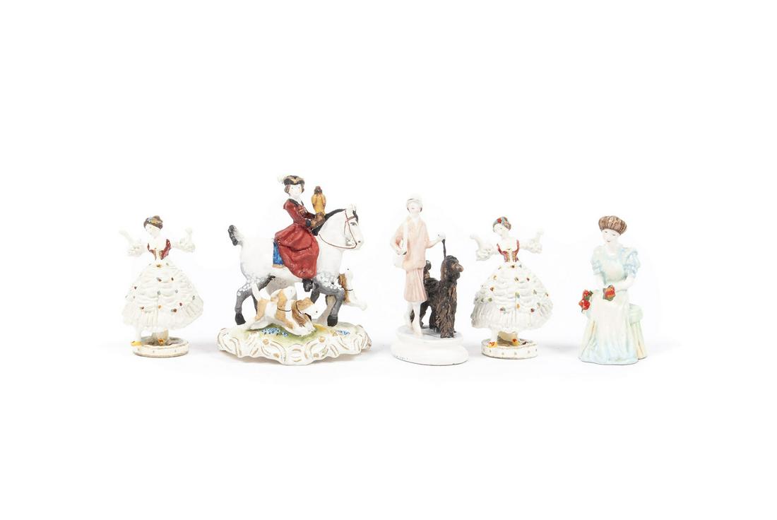 GOEBEL WOMEN'S SERIES MINIATURE STATUETTES: GOEBEL WOMEN'S SERIES MINIATURE STATUETTESFive total painted bronze pieces, including The Hunt with Hounds, On the Avenue, Roses, and two Dresden Dancers. Each approximately 1" height