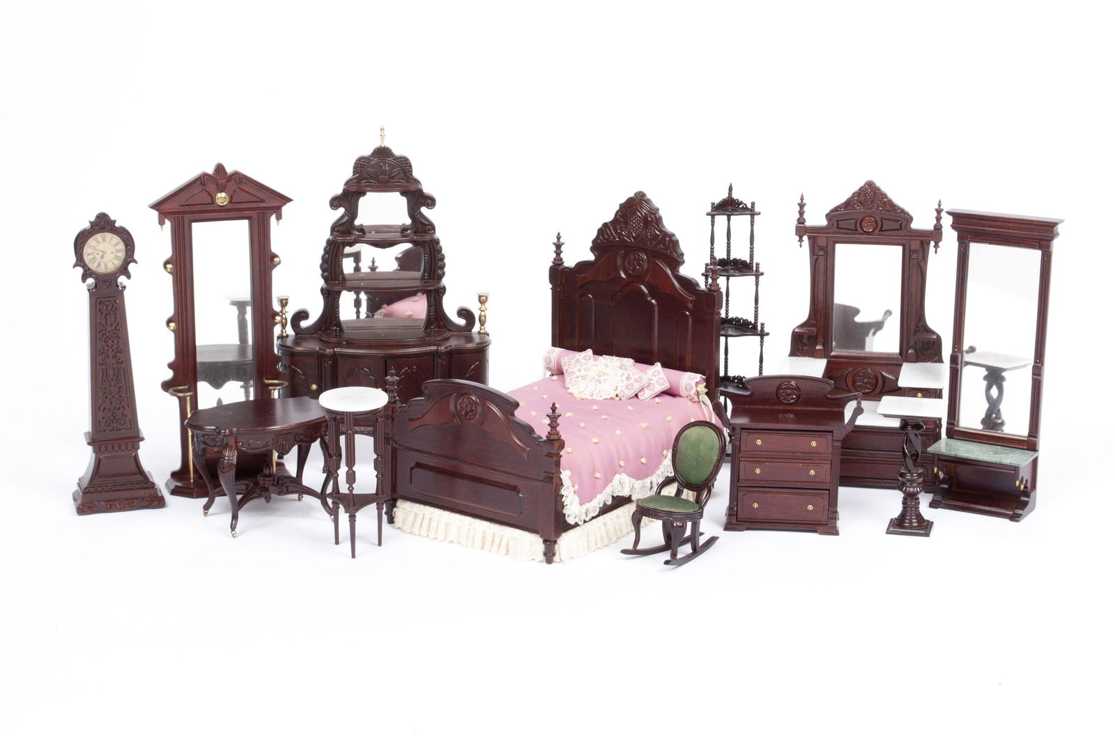 X-ACTO VICTORIAN FURNITURE: X-ACTO VICTORIAN FURNITUREGroup of twelve (12) pieces of X-acto Victorian furniture in boxes: 4-post bed, corner what-not shelf, center tables, tall clock, hall tree, dressing case, etagerÃ©, rocker