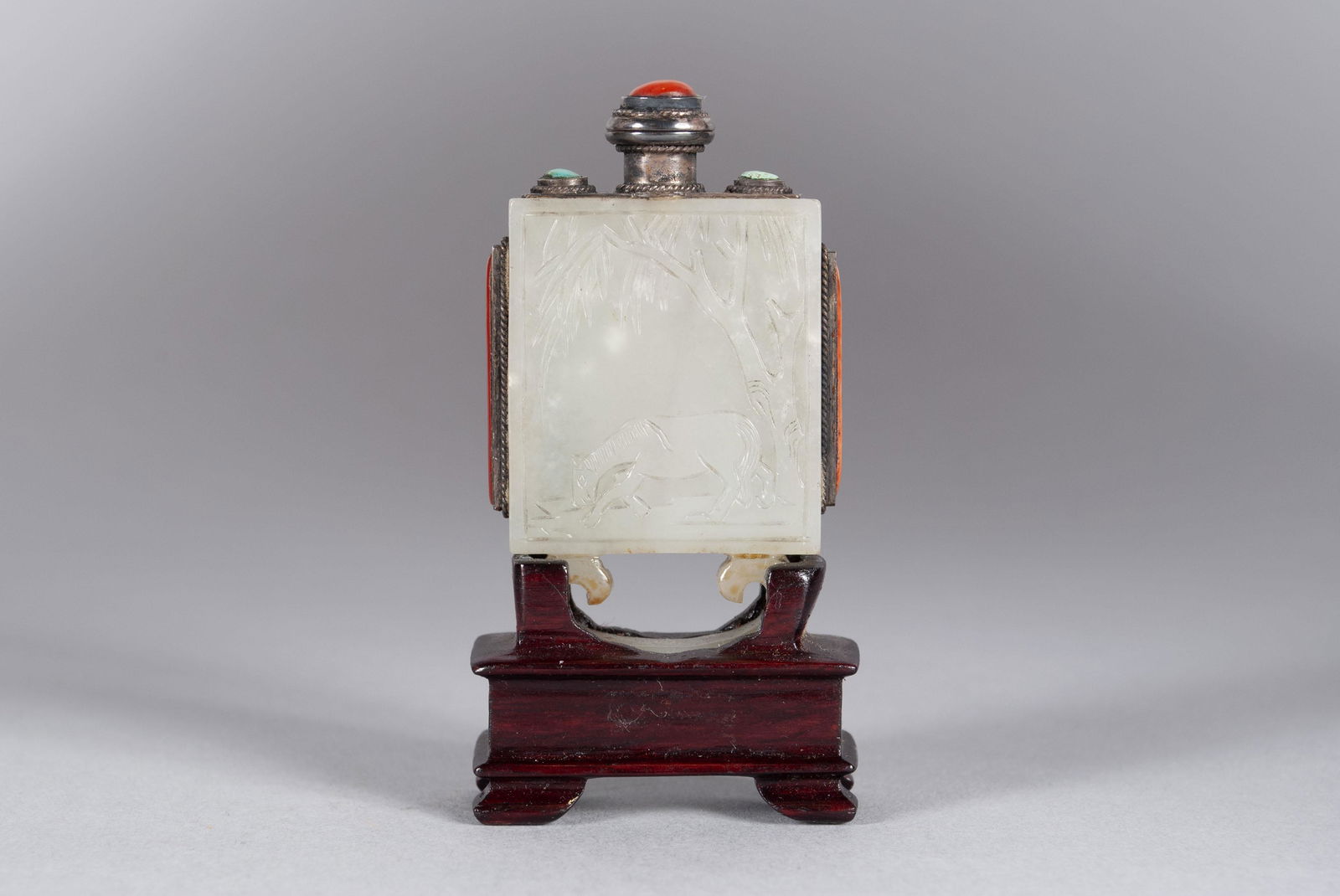 TURQUOISE MOUNTED CARVED JADE SNUFF BOTTLE (1 of 7)