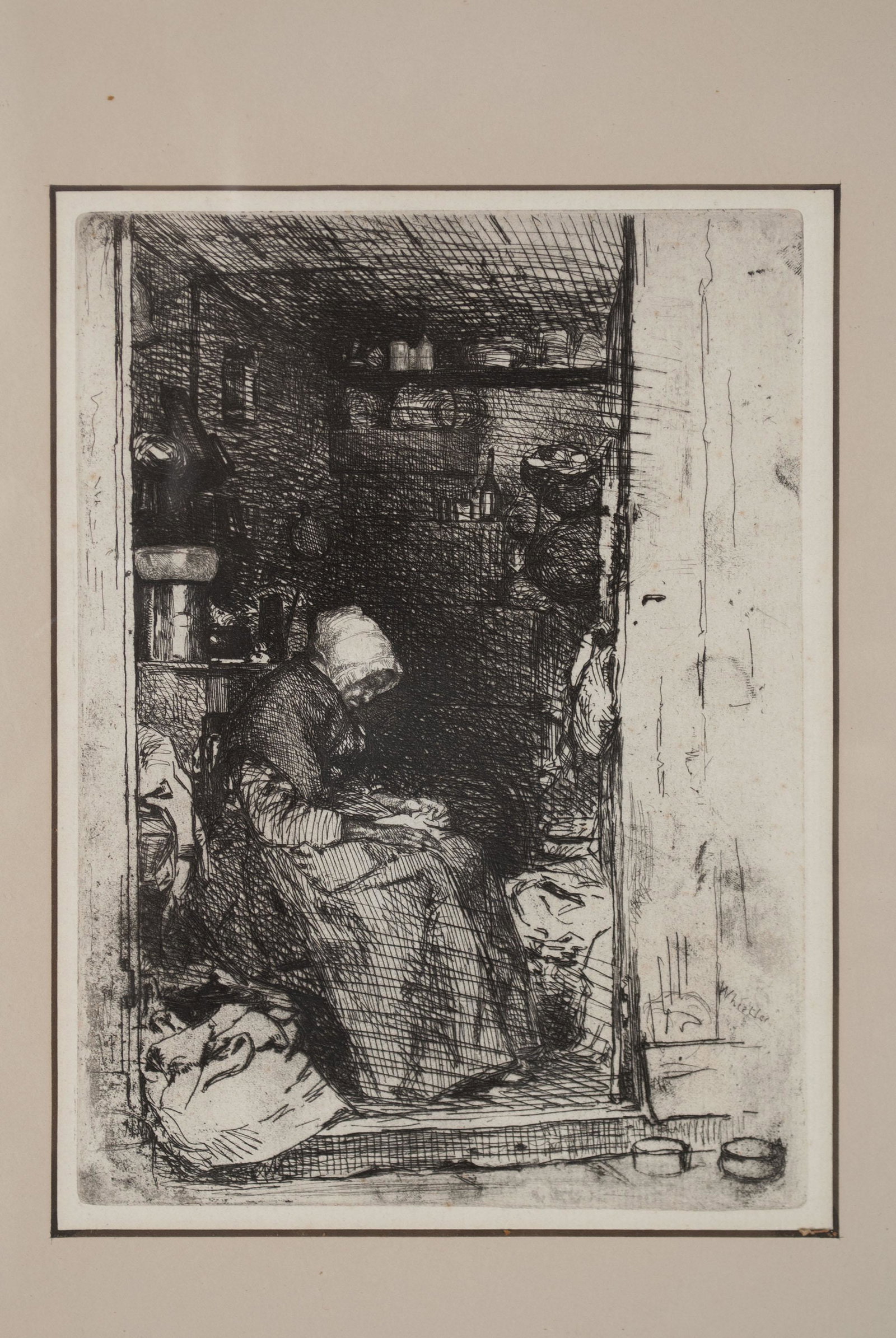 JAMES ABBOTT MCNEILL WHISTLER (AMERICAN, 1834-1903): JAMES ABBOTT MCNEILL WHISTLER (AMERICAN, 1834-1903) La Vielle Aux Loques Etching, signed to right edge. An elderly woman sorting rags, seated in the light of the doorway, a dark interior setting behin