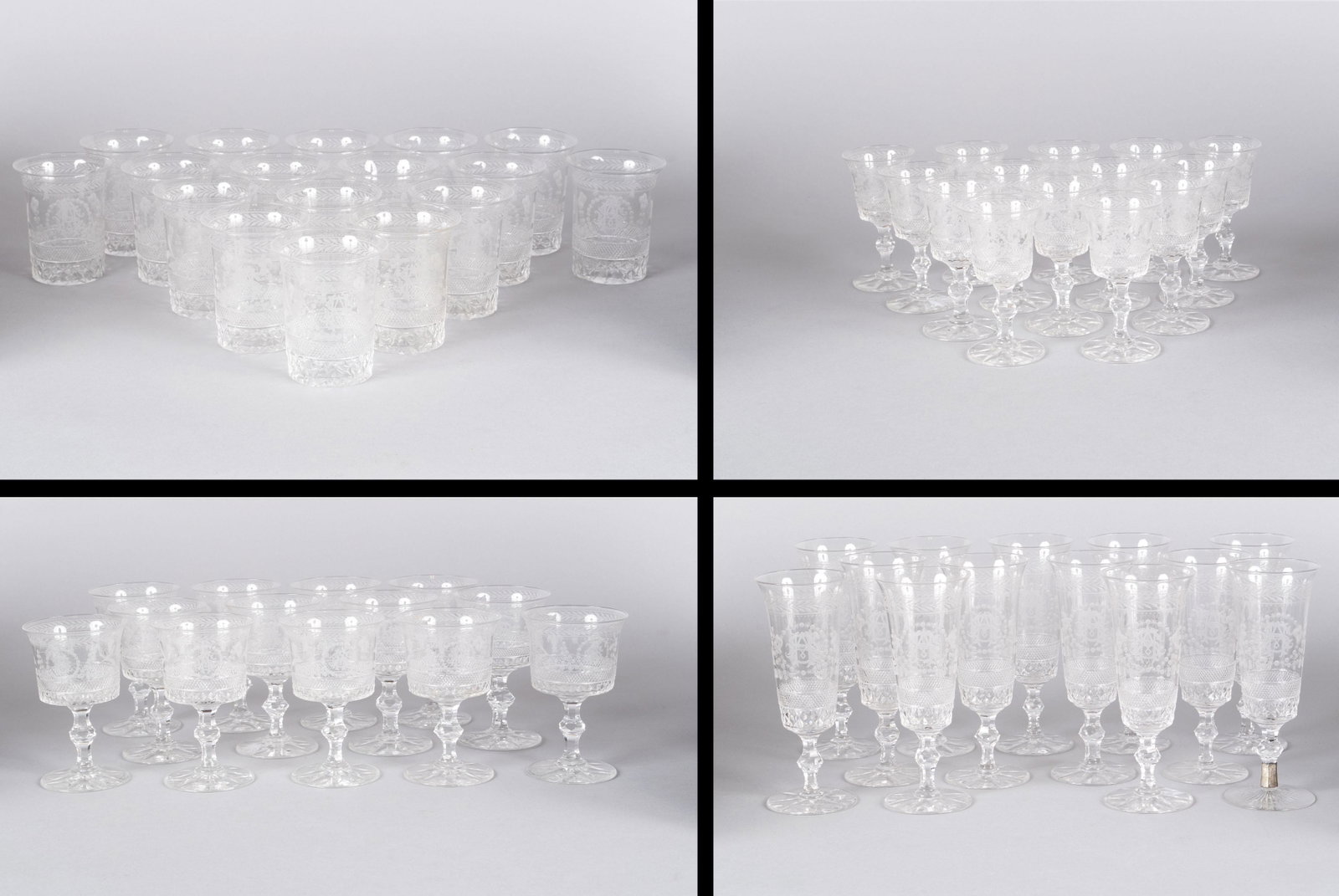 FINE SET OF ETCHED STEMWARE: FINE SET OF ETCHED STEMWARE Late 19th- early 20th century. 57 pieces total all "SHA" monogram17 juice glasses, 14 small liquor glasses, 13 small red wine glassed, 13 champagne flutes.