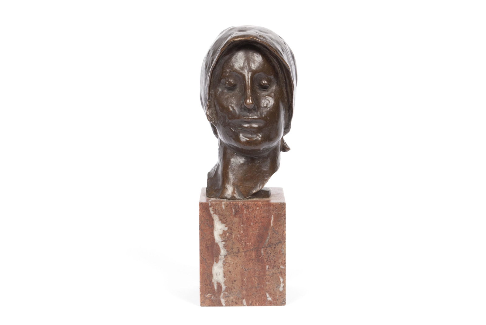 JOSEF VACLAV MYSLBEK (CZECH, 1848-1922): JOSEF VACLAV MYSLBEK (CZECH, 1848-1922) Bronze bust of Saint Ludmilla, signed to the side of the neck, numbered 1, and mounted to rectangular marble plinth. 10.25" height