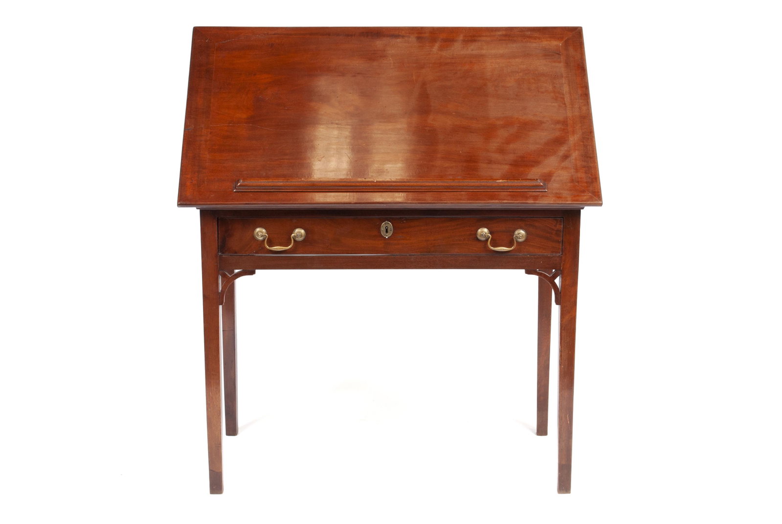 GEORGIAN ARCHITECTS DESK: GEORGIAN ARCHITECTS DESK England, early 19th century, mahogany. The adjustable surface slat supported opening to pull-out green leather tooled writing surface concealed in drawer with what appear to b