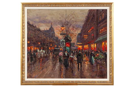 EMILE BOYER (FRENCH, 1877 - 1948): EMILE BOYER (FRENCH, 1877 - 1948)Oil on canvas, signed lower right and verso. Busy street scene at early evening with lit windows. Sight: 18" height, 21" width; frame: 21" height, 24" width