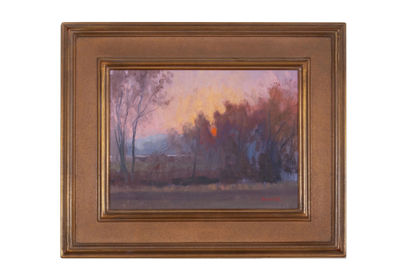 BILLY O'DONNELL (AMERICAN, B. 1956): BILLY O'DONNELL (AMERICAN, B. 1956) Sunset, Missouri River Bottoms Oil on board, signed lower right. A pink, vibrant sunset over a sparse tree line. Gilt frame, many notations to verso. Sight: 8.5" he
