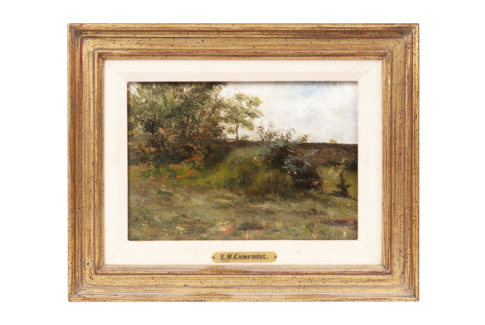 EDWARD MORTON CAMPBELL (AMERICAN, 1858-1911): EDWARD MORTON CAMPBELL (AMERICAN, 1858-1911) Oil on board, back side signed "Ed Campbell of St. Louis, Mo." and bears name plate. Summer landscape, gilt frame. 6" height, 8.75" width; frame: 9.5" heig