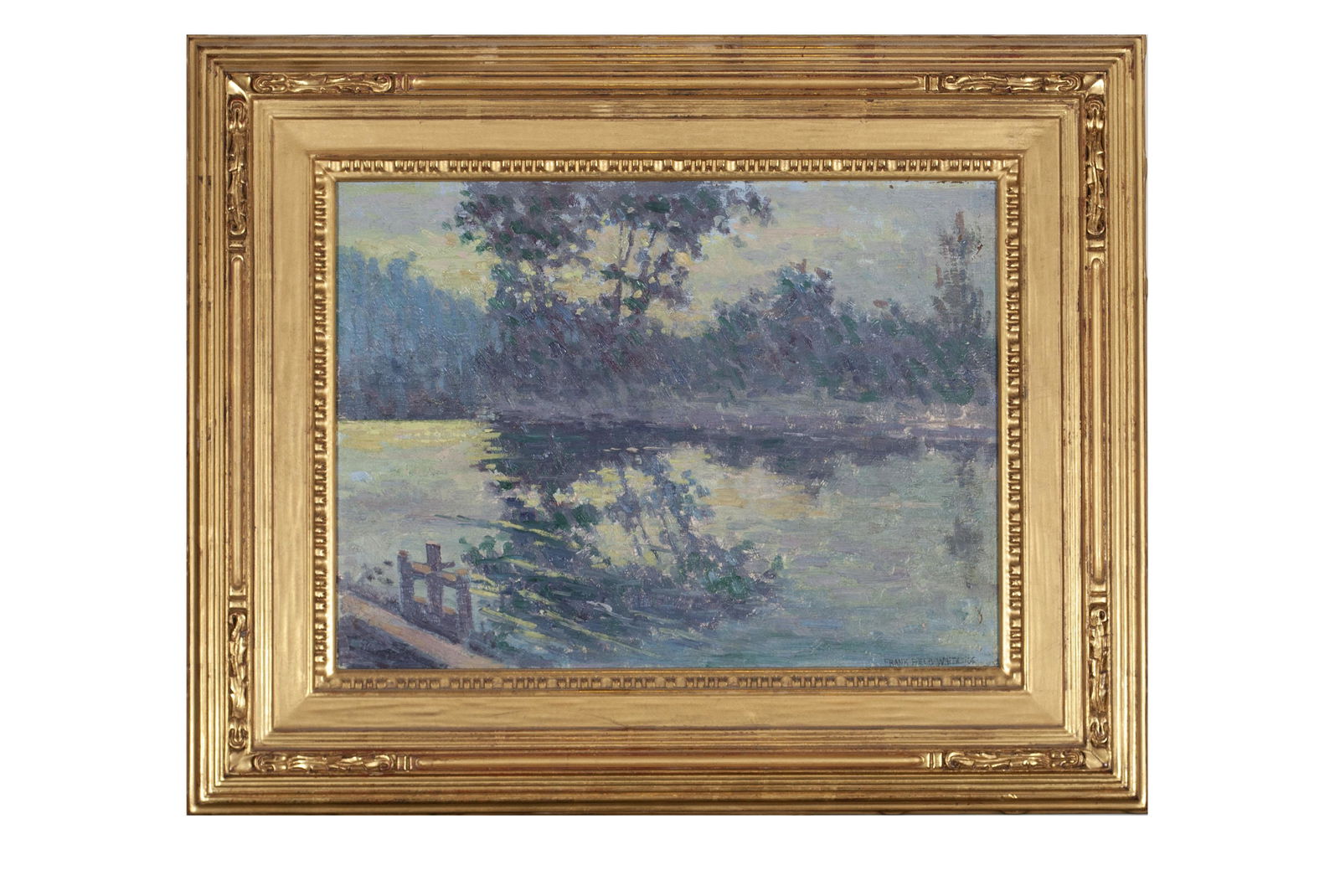 FRANK REED WHITESIDE (AMERICAN, 1866-1929): FRANK REED WHITESIDE (AMERICAN, 1866-1929)Oil on canvas, signed lower right. Landscape at dusk in shades of blue and green, gilt frame. Back side bears an ink stamp for "David David Art Gallery - Phil