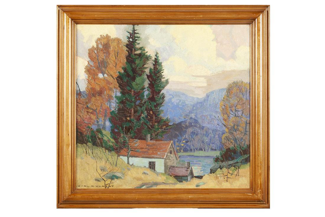 CARL RUDOLPH KRAFFT (AMERICAN, 1884-1938): CARL RUDOLPH KRAFFT (AMERICAN, 1884-1938)Autumn ColorOil on board, signed lower left, titled to verso. A lake house stands surrounded by towering trees, purple mountains, and a pastel sky of billowing
