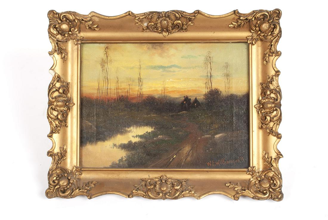 WILLIAM FREDERICK WILLIAMSON (BRITISH SCHOOL, EARLY: WILLIAM FREDERICK WILLIAMSON (BRITISH SCHOOL, EARLY 20TH CENTURY)Oil on canvas, signed and dated '11 lower right. A country roadside scene at dusk, towering trees and silhouetted houses shrouding the