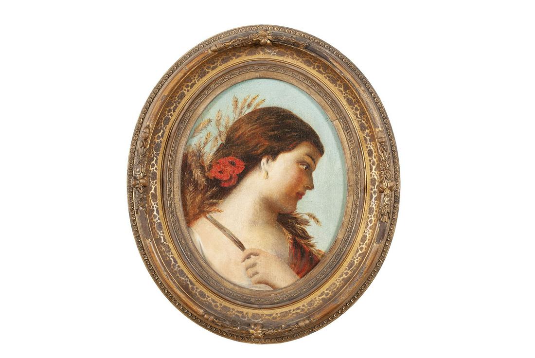 PORTRAIT OF A YOUNG BEAUTY (CONTINENTAL SCHOOL, EARLY: PORTRAIT OF A YOUNG BEAUTY (CONTINENTAL SCHOOL, EARLY 20TH CENTURY) Oil on board, unsigned. Chest-length portrait of a woman gazing to the right with sheaves of wheat on her back and red ribbon in her