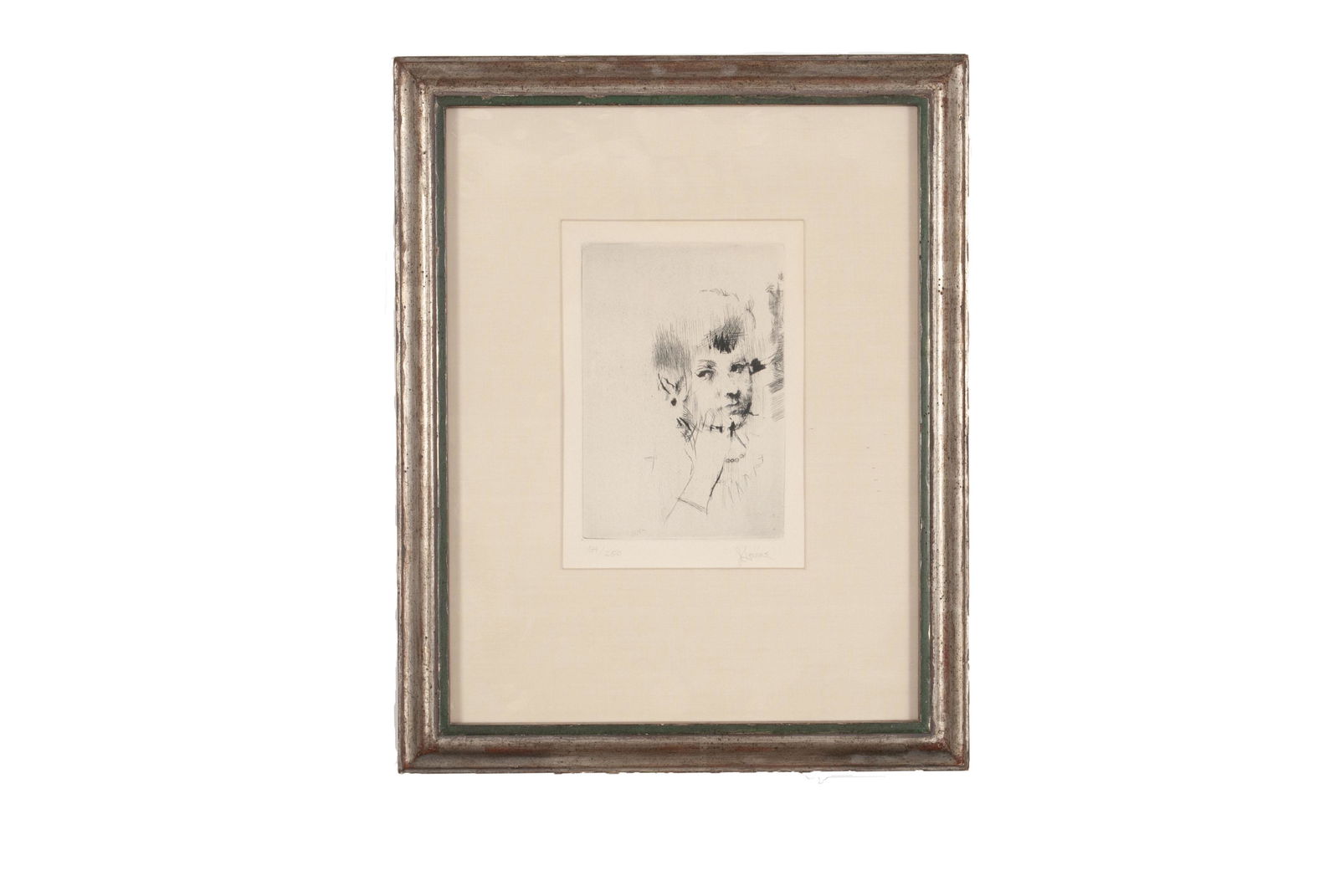JACK LEVINE (AMERICAN, 1915-2010): JACK LEVINE (AMERICAN, 1915-2010)Etching, signed and editioned 54/250 along lower edge. Portrait of a young woman in pearls, matted behind glass with silvered frame. Sight: 7" height, 5" width; frame:
