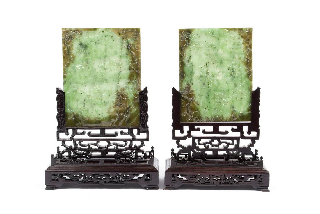 PAIR OF CHINESE JADE COLORED GLASS TABLE SCREENS (1 of 11)