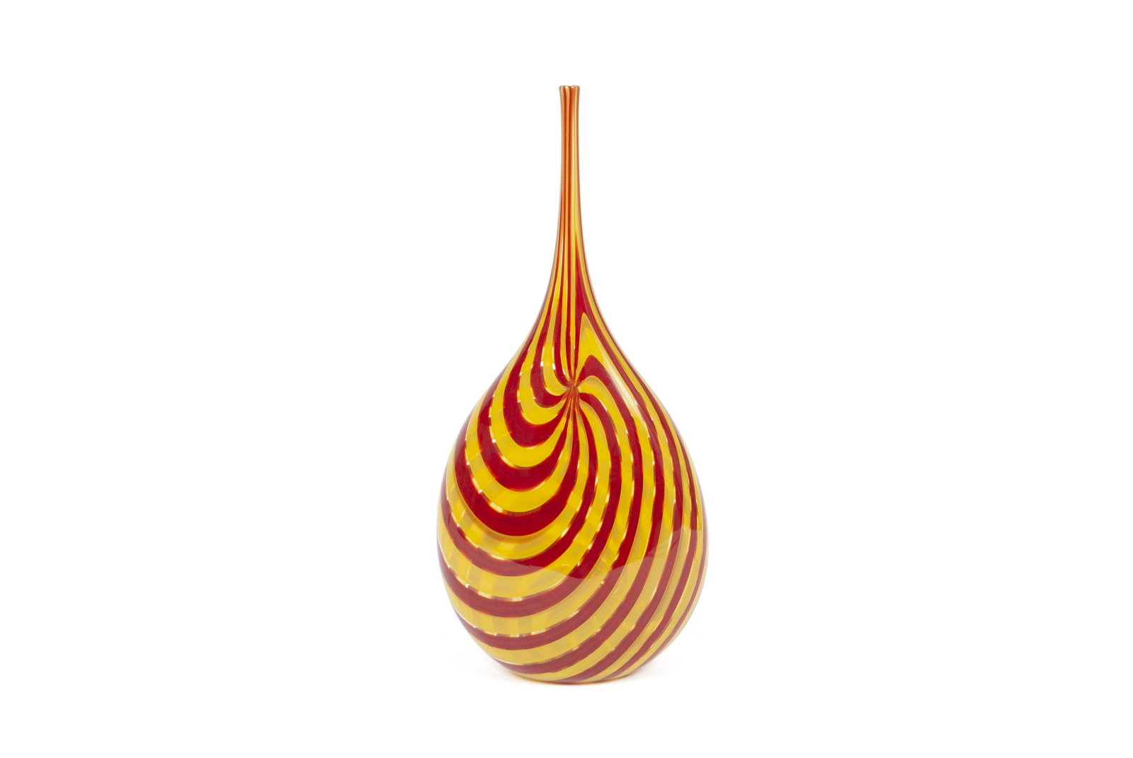 SAM STANG (AMERICAN, 20TH CENTURY): SAM STANG (AMERICAN, 20TH CENTURY) American, late 20th century, art glass. A large red and yellow swirl vase having a small mouth and slender neck high above ovoid vessel, inscribed signature to under