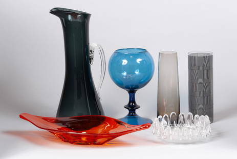 COLLECTION OF MID-CENTURY GLASS: COLLECTION OF MID-CENTURY GLASSIncluding: a MOMA OP Art vase by Sydney Cash, 9.5" height, an oversized Blenko ewer by Wayne Husted, a blue center bowl on stand, clear glass ashtray, Viking glass persi