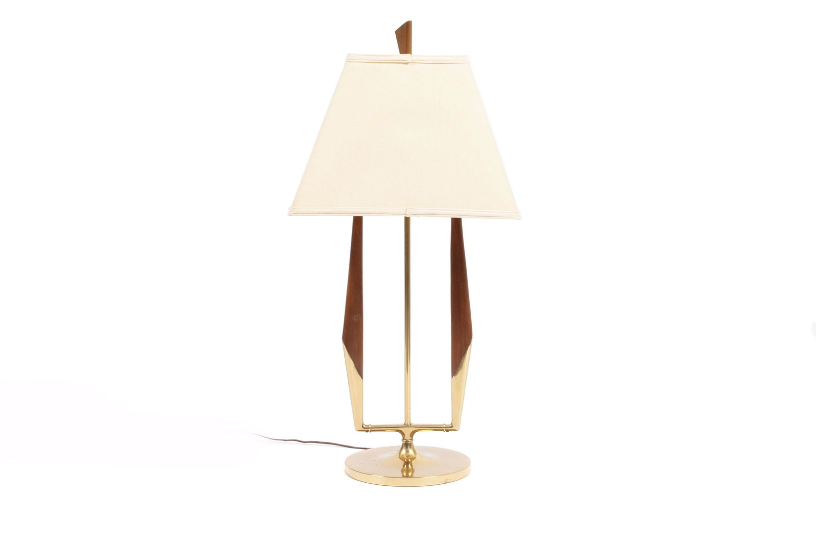 FREDERICK COOPER MCM LAMP: FREDERICK COOPER MCM LAMPAmerican, mid-20th century. Rectangular shade upon brass and wooden double-sided standard terminating on rounded base. 35.5" height