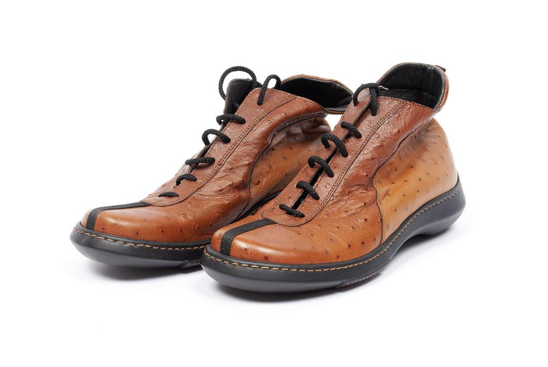 OSTRICH BOOTS BY NICOLETTE: OSTRICH BOOTS BY NICOLETTE Italy, early 21st century, leather. New unused brown paneled footwear; Alexander Trend. 7 USA; 38 Europe