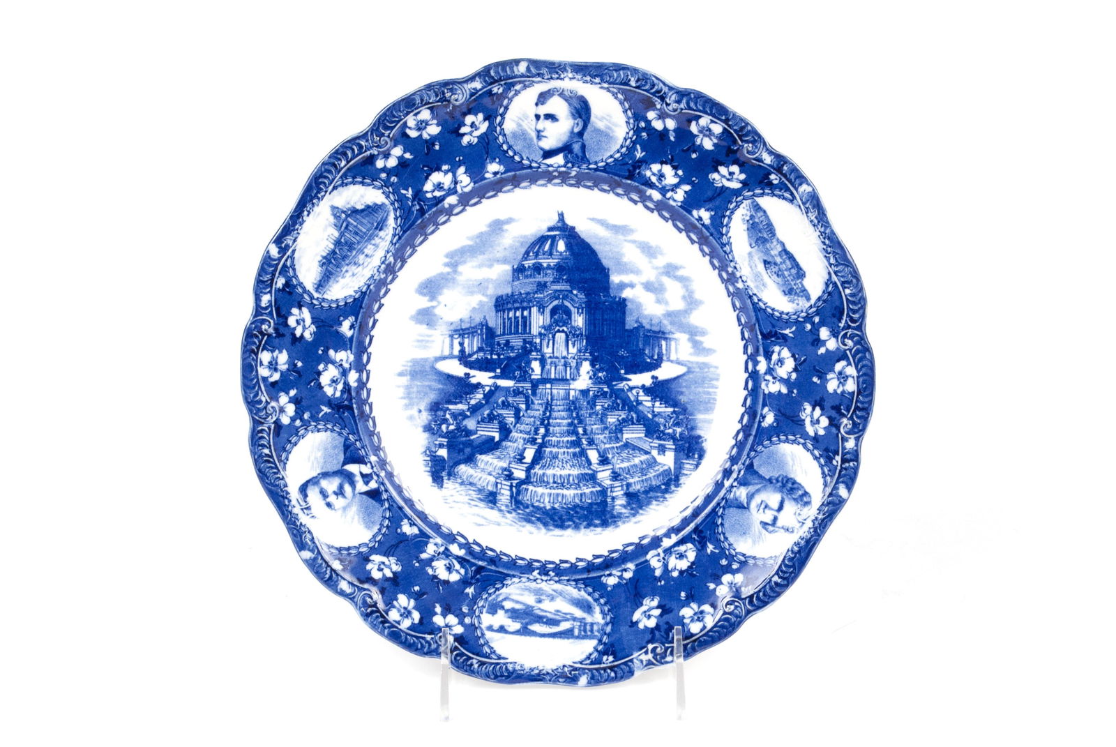 RARE 1904 ST. LOUIS WORLD'S FAIR FLO BLUE PLATE: RARE 1904 ST. LOUIS WORLD'S FAIR FLO BLUE PLATEWheelock, England. With images of Jefferson, Napoleon, and Roosevelt to the rim, the Cascades and Festival hall depicted to the center. 10" diameter