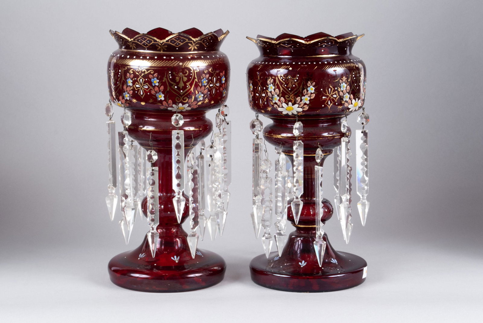 PAIR OF TALL CRANBERRY GLASS LUSTERS (1 of 5)