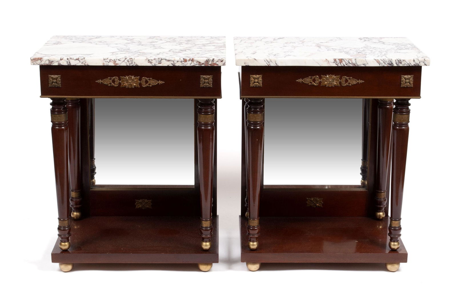 PAIR EMPIRE STYLE MARBLE TOP MIRRORED CONSOLES (1 of 5)