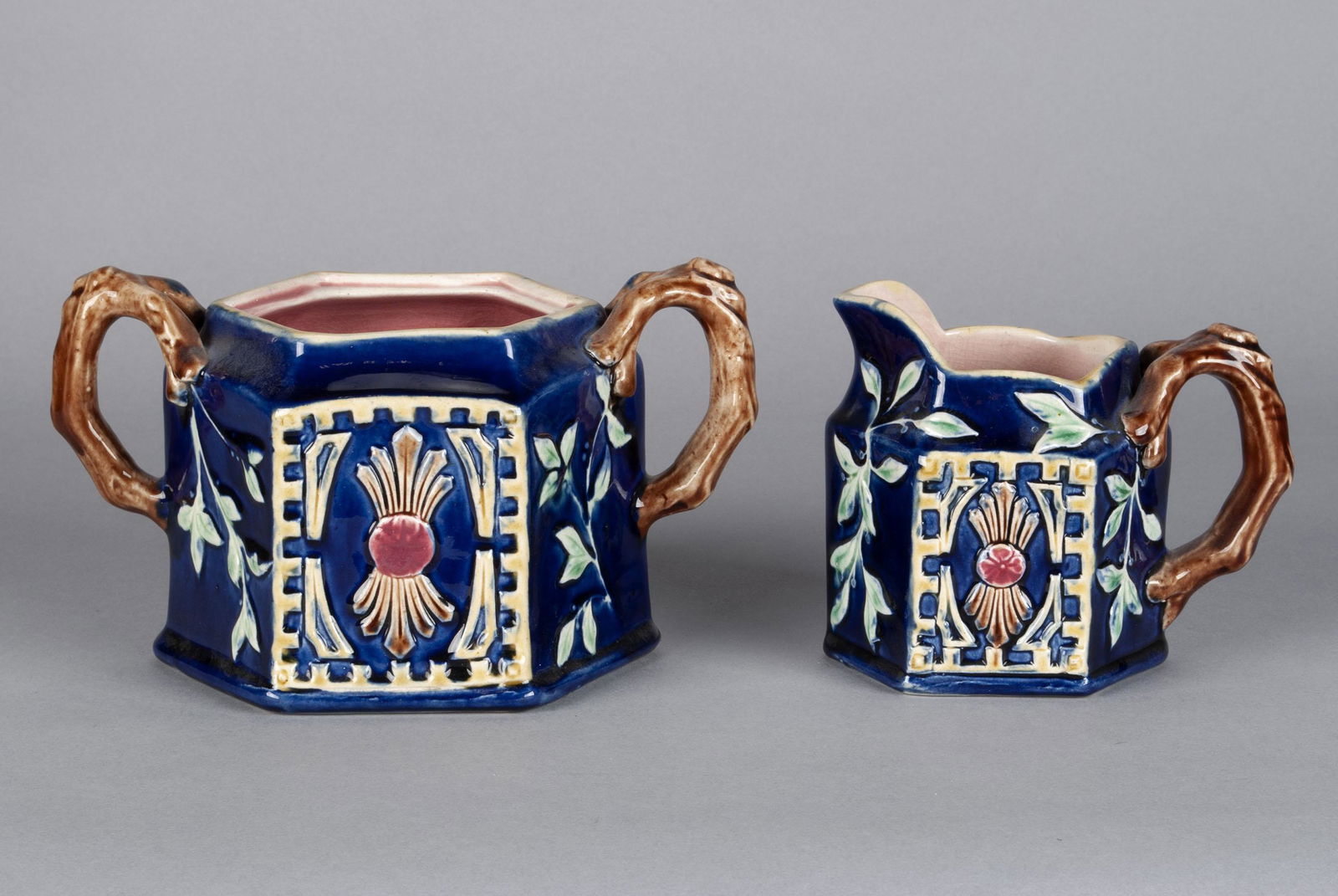MAJOLICA CREAMER AND SUGAR POT (1 of 6)