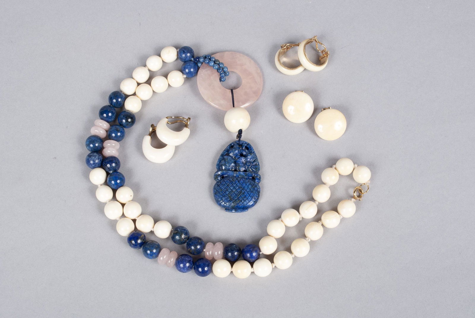 LAPIS AND ROSE QUARTZ NECKLACE WITH EARRINGS (1 of 6)
